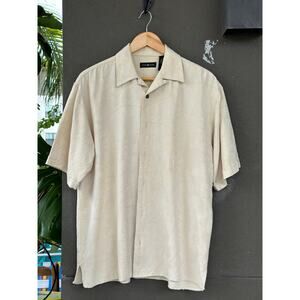 Cotton Traders Mens Medium Cotton Rayon Ivory Floral Imprint Hawaiian Camp Shirt